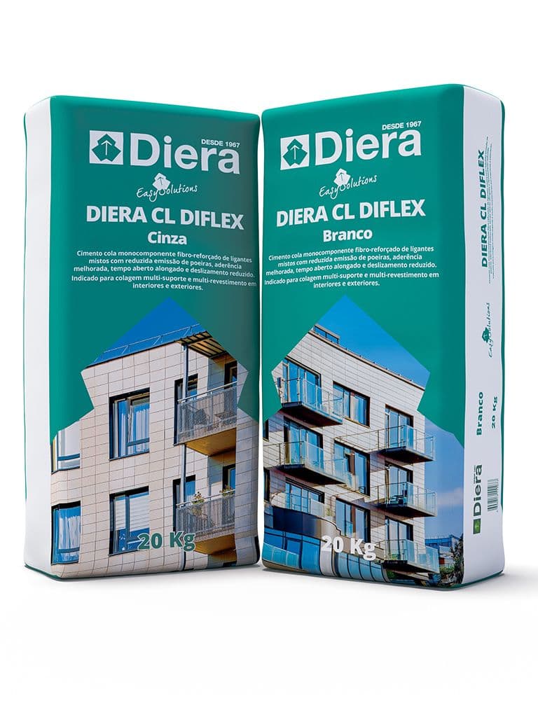 Sacos de cimento cola Diera CL Diflex cinza e branco de 20 kg para colagem multi-suporte