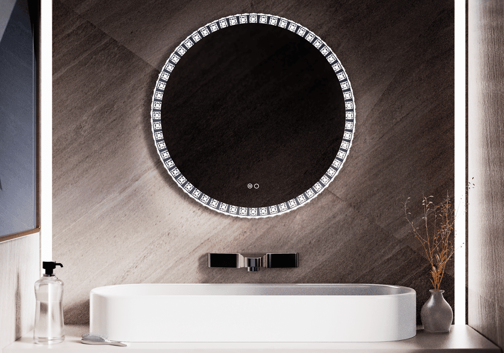 PYXIS Espelho circular com moldura de brilhantes em forma de diamantes.